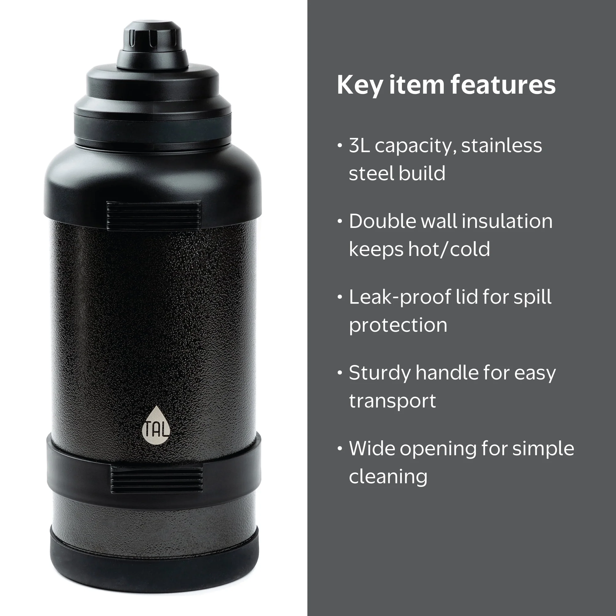 TAL 3 Liter Stainless Steel Zeus Black Water Bottle with Leak