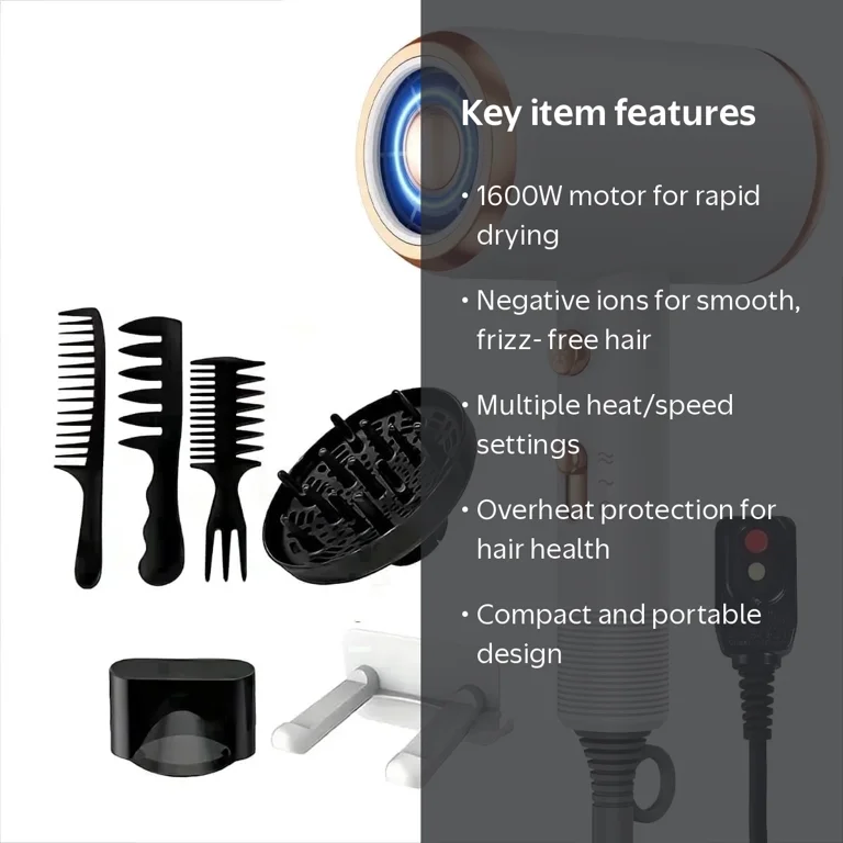 Powerful Hair Dryer 高速ドライヤー Hoey Ionic Hair Dryer, 1800W Fast Drying, Low Noise, with Diffuser