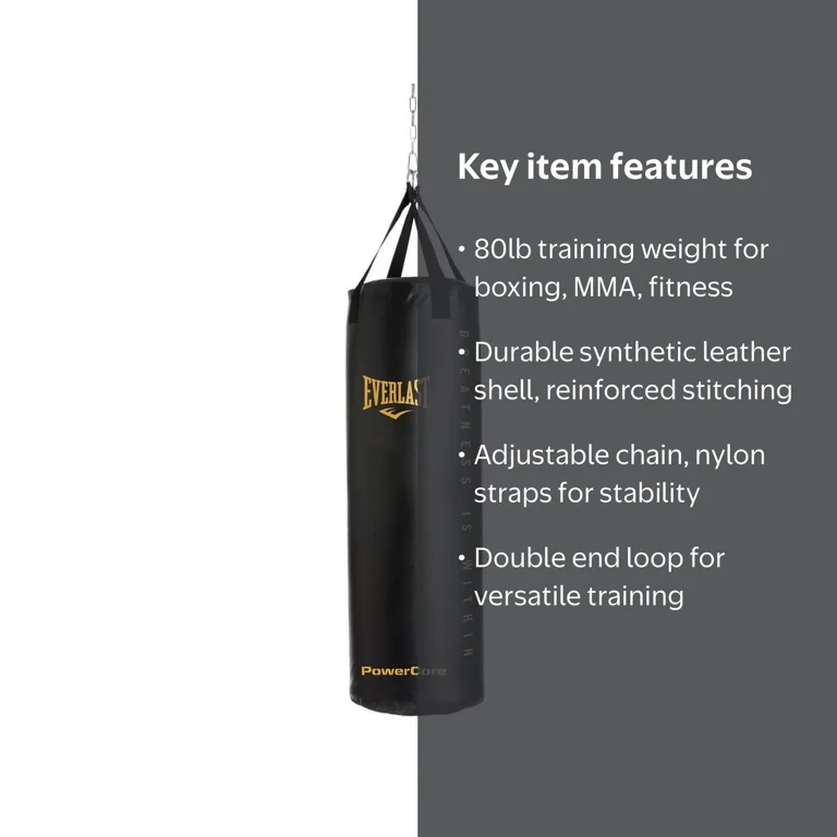 Everlast Powercore Heavy Bag, 80lb, Black/Gold – for Boxing, MMA