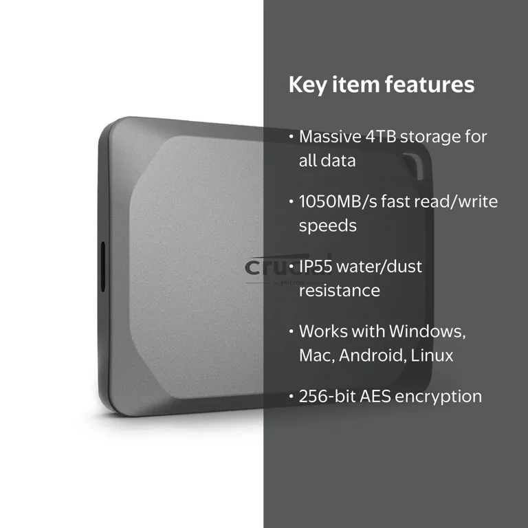 Crucial X9 Pro 4TB Portable SSD - 1050MB/s Speed, Water/Dust