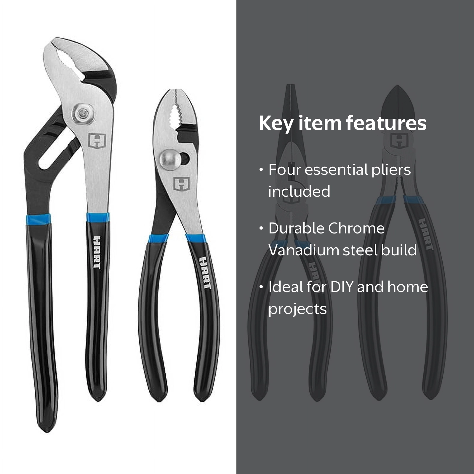 HART 4-Piece Pliers Set, Rubber Handles, 10