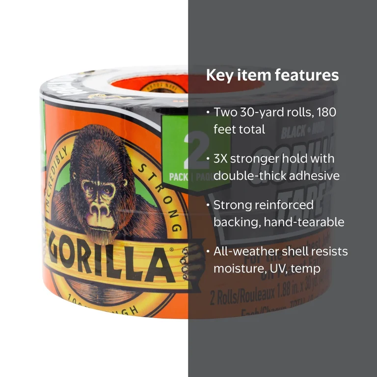 Gorilla Black Tape 30 Yard 2 Pack - 3x Stronger for a Hold that