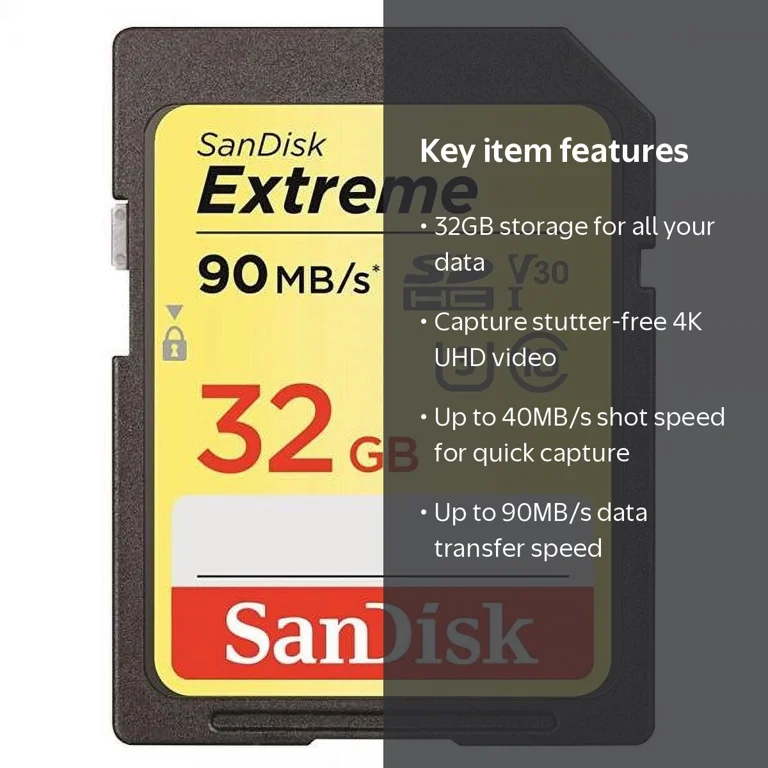 SanDisk 32GB Extreme SDHC UHS-I Memory Card - 4K UHD, 90MB/s high