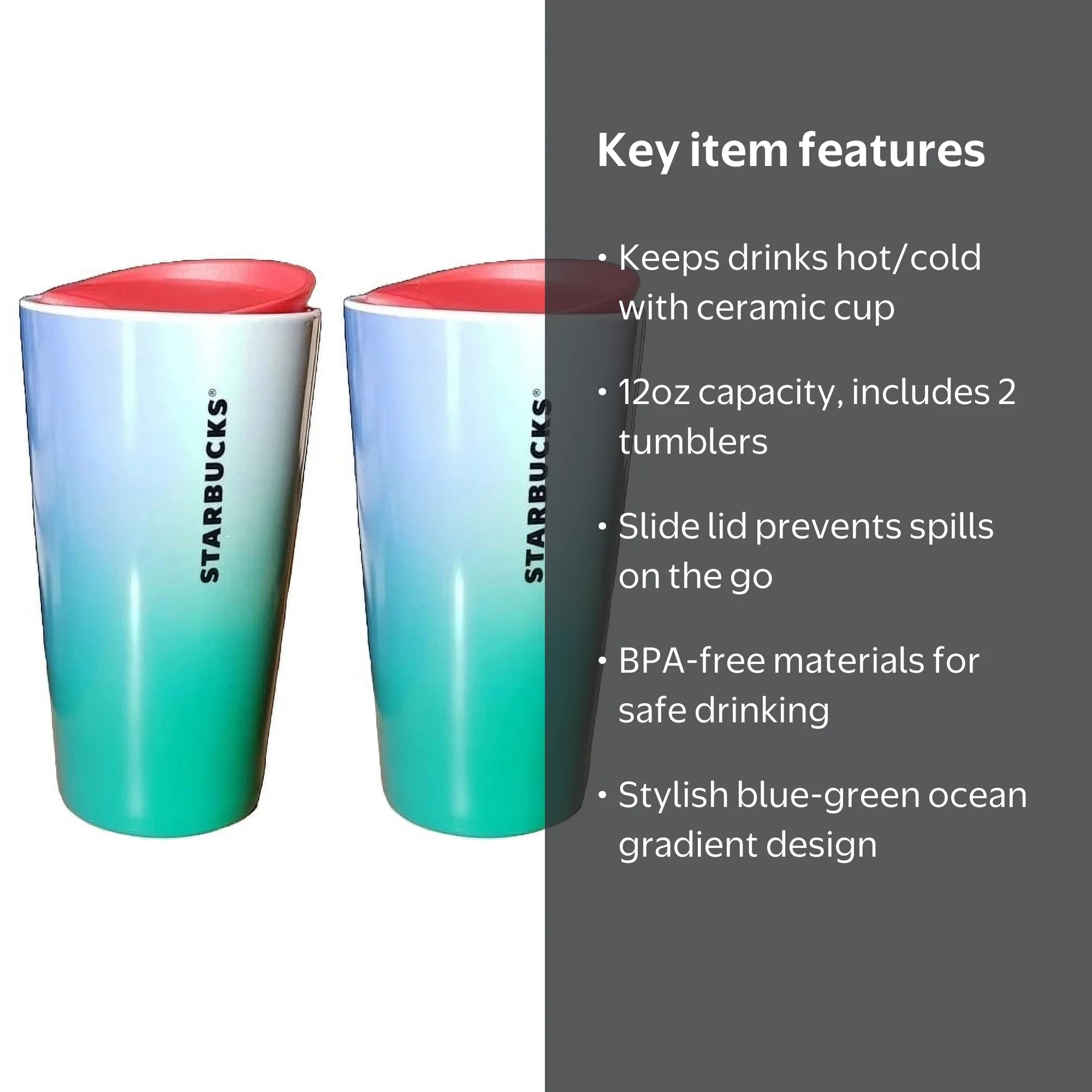 Starbucks 2022 Blue Green Ocean Gradient Travel Cup Ceramic Tumbler 12oz 2  Pack - Walmart.com