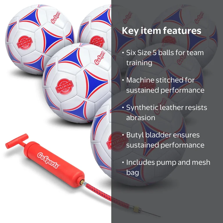 GoSports Premier Soccer Ball, Size 5, 6-Pack, Synthetic Leather