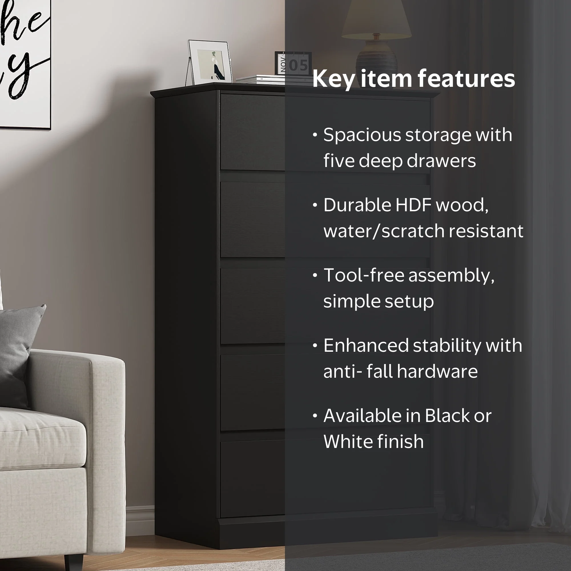 5 Drawer Dresser for Bedroom, 15.8