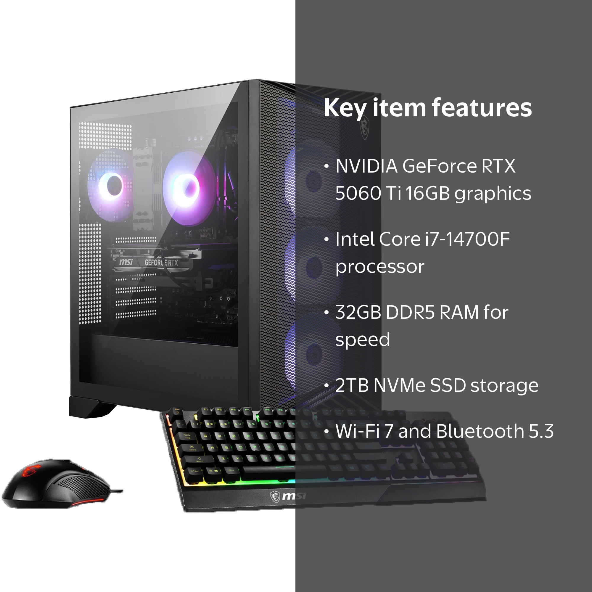 MSI, Gaming Desktop, Intel i7-14700F, NVIDIA RTX 5060 Ti 16GB
