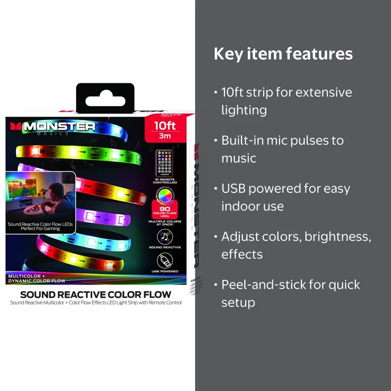 Monster Basics 10ft Sound-Reactive RGB Color Flow LED Light Strip