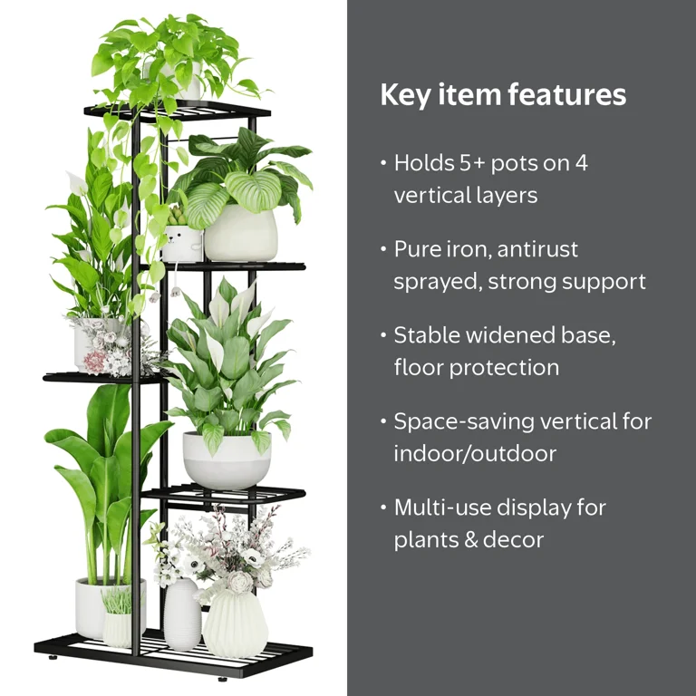 Bamworld Plant Stand, Metal 5 Tier Shelf, 6 Potted Holder, Iron