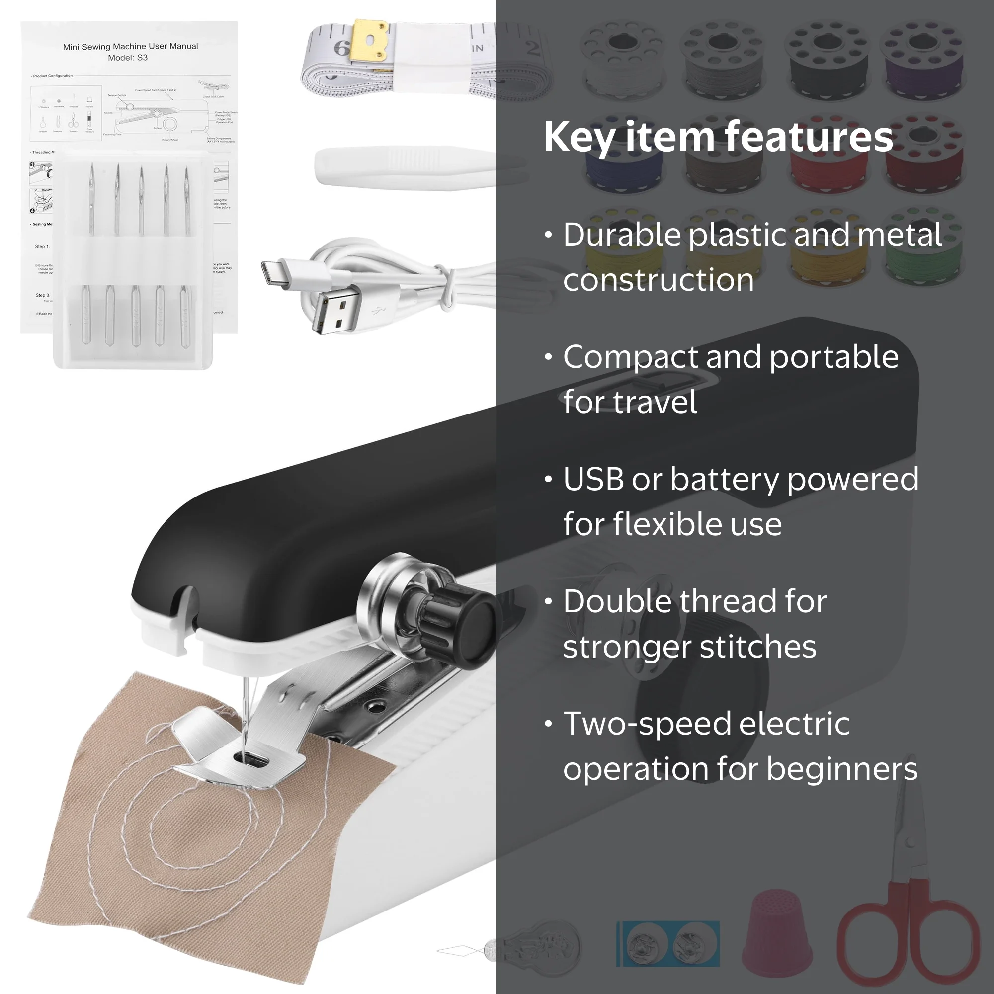 TSV Mini Portable Sewing Machine, Multifunctional Cordless