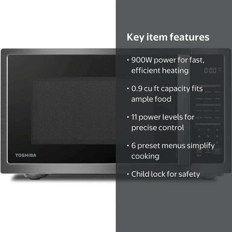 Toshiba 0.9 cu ft Countertop Microwave Oven, 900W, 6 Auto Menus