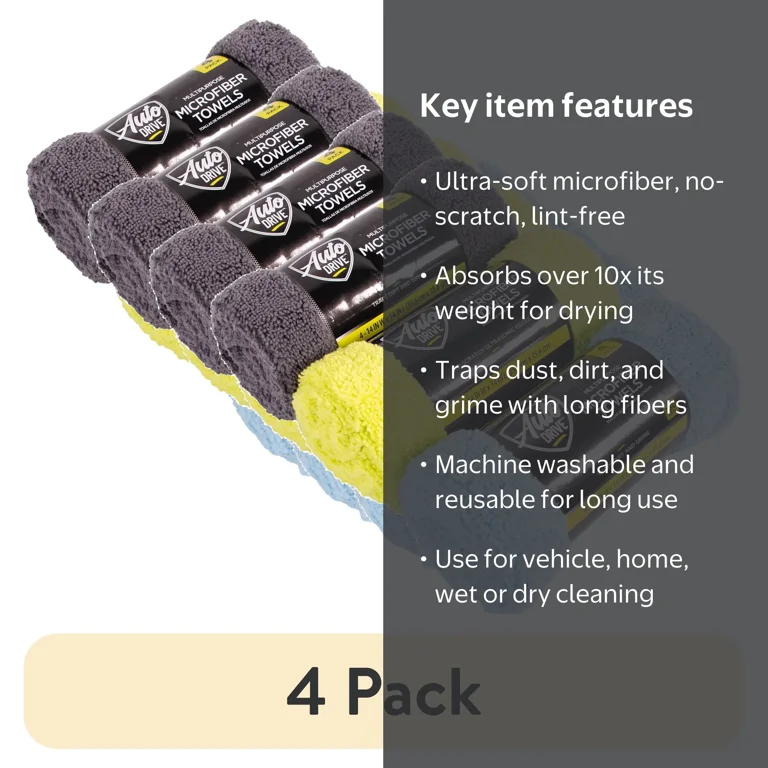 Auto Drive Multi-Purpose Microfiber Towels 4 Pack, Lint Free