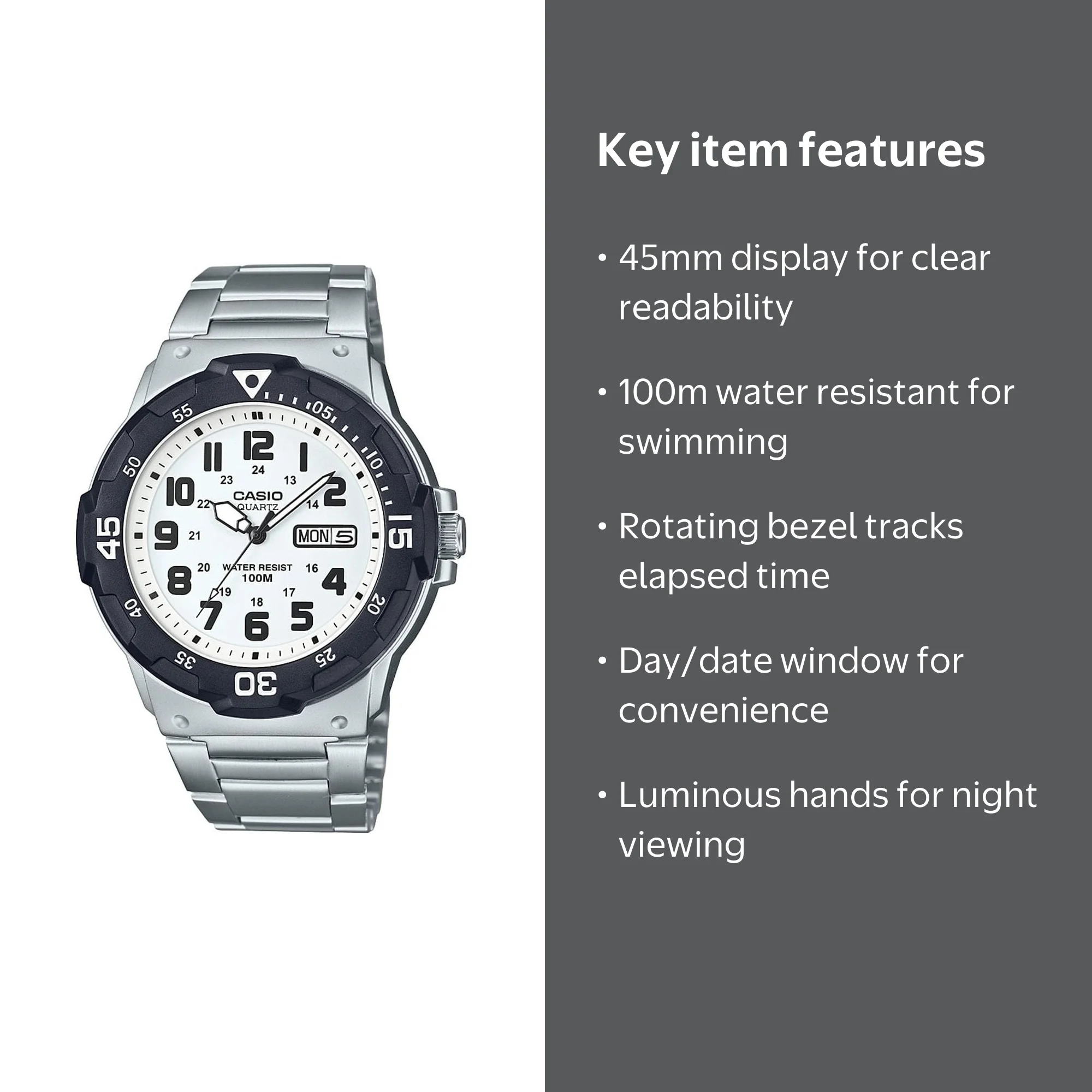 Free Shipping! Casio Men's Dive Style Watch, White Dial, 45mm Case