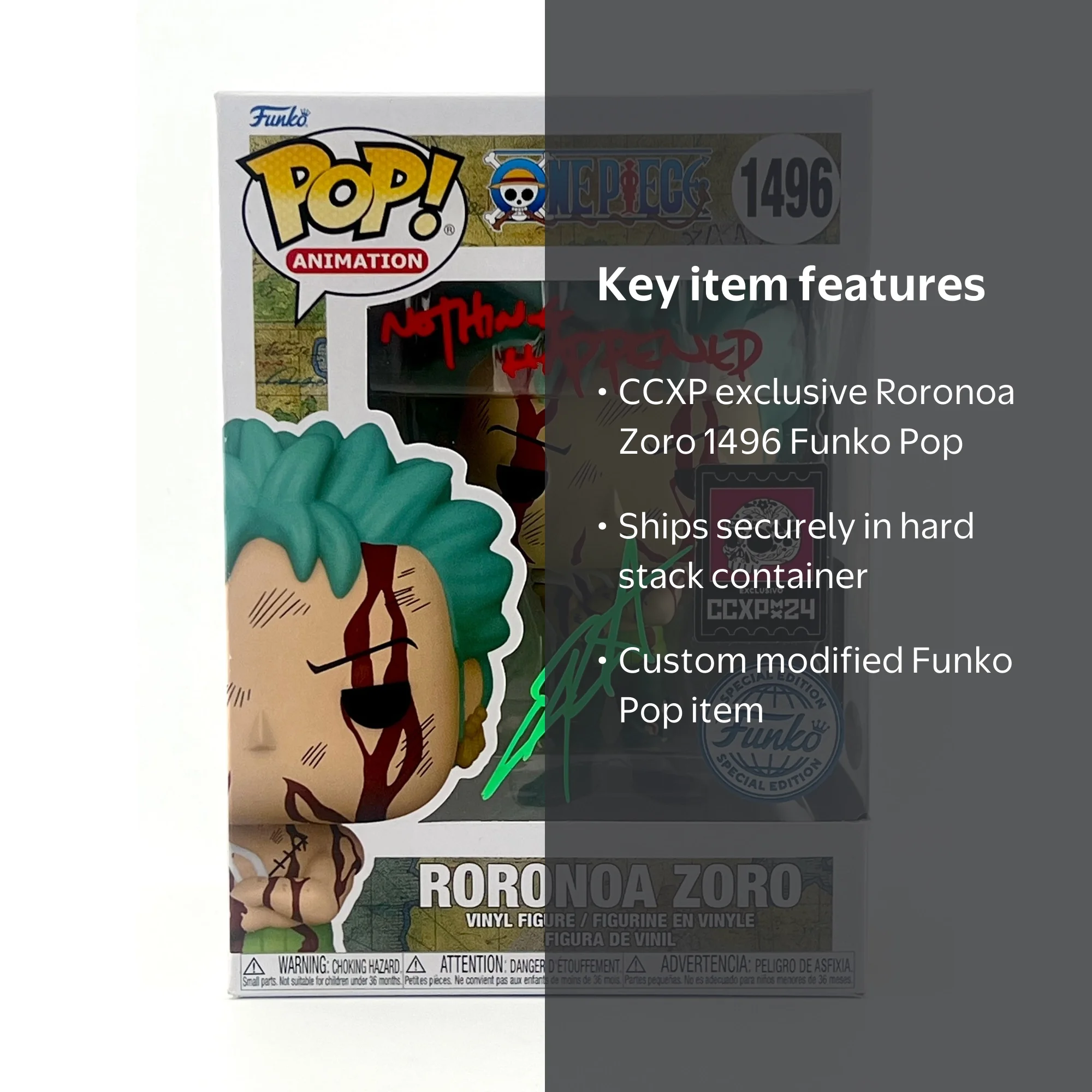 FUNKO POP! RORONOA ZORO 1496 CCXP EXCLUSIVE JVA & ENGLISH SIGNED