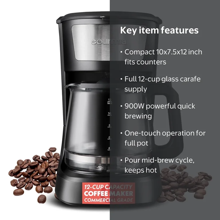 Gourmia One-Touch Coffee Maker, 12 Cup, Auto Keep Warm, Pause