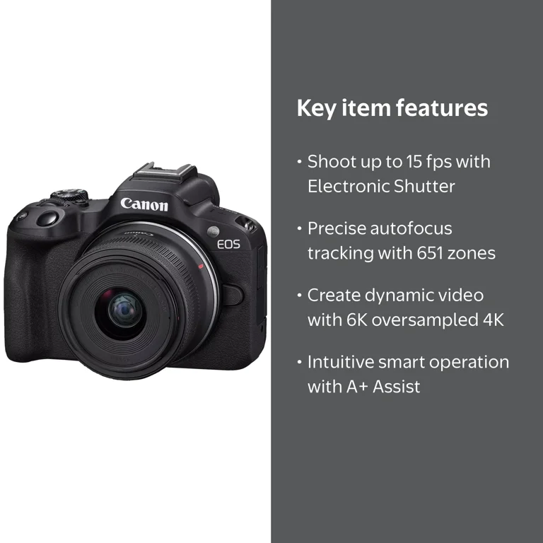 Canon EOS R50 Mirrorless Camera, 24.2 MP, 18-45mm Lens, Digital