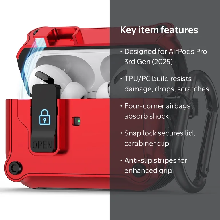 Dteck, AirPods Pro 3 Case Cover, Red, Shockproof Full-Body