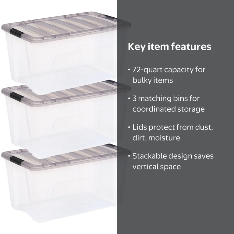 IRIS USA Extra Large 72 Qt. Locking Clear Plastic Storage Bins
