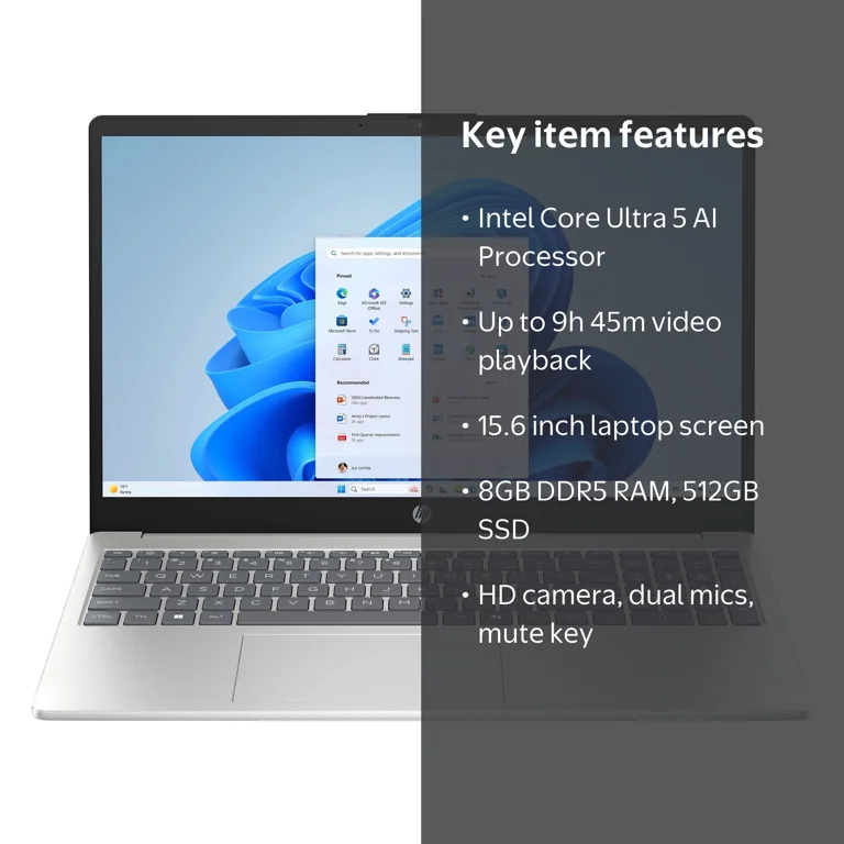 HP 15.6 inch HD Windows Laptop AI Intel Core Ultra 5 225U 8GB