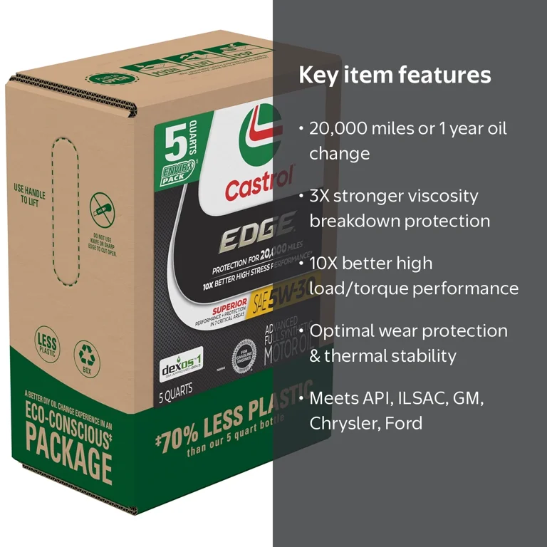 Castrol EDGE 5W-30 Advanced Full Synthetic Motor Oil, 5 Quarts Eco