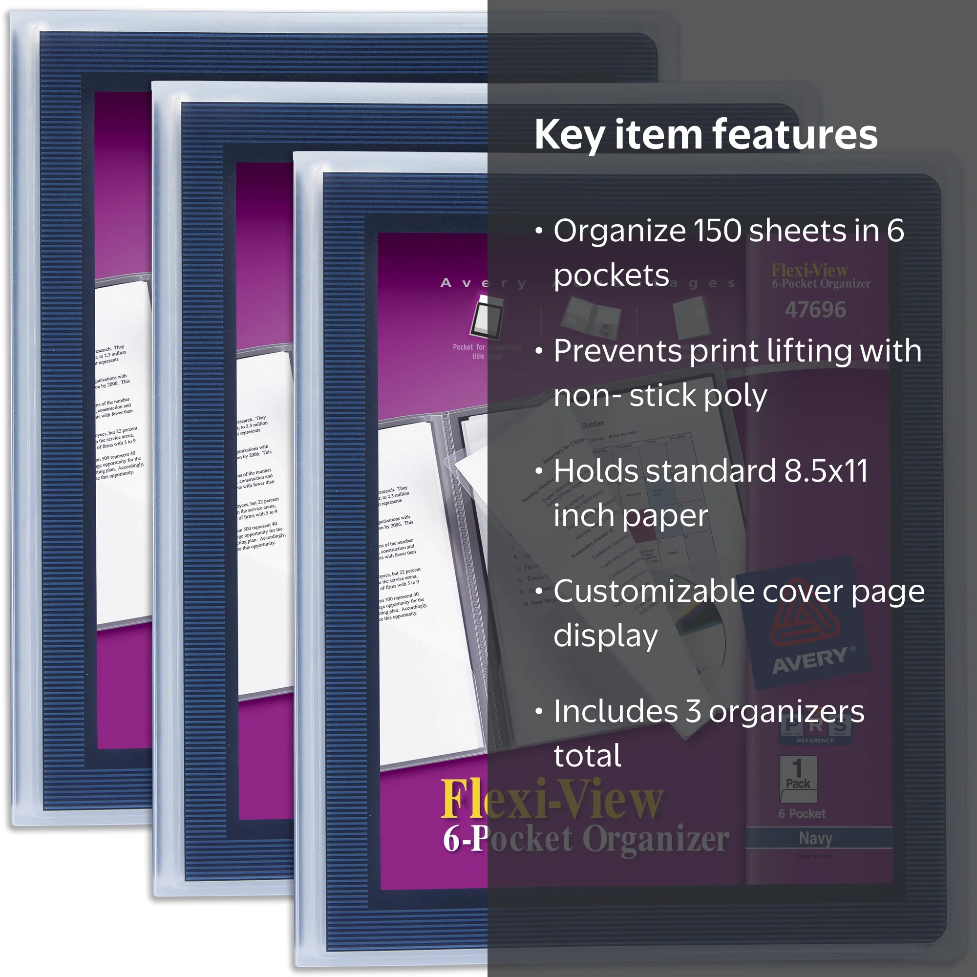 Avery Flexi-View 6 Pocket Plastic Folder, Holds 150 Sheets, 3 Blue
