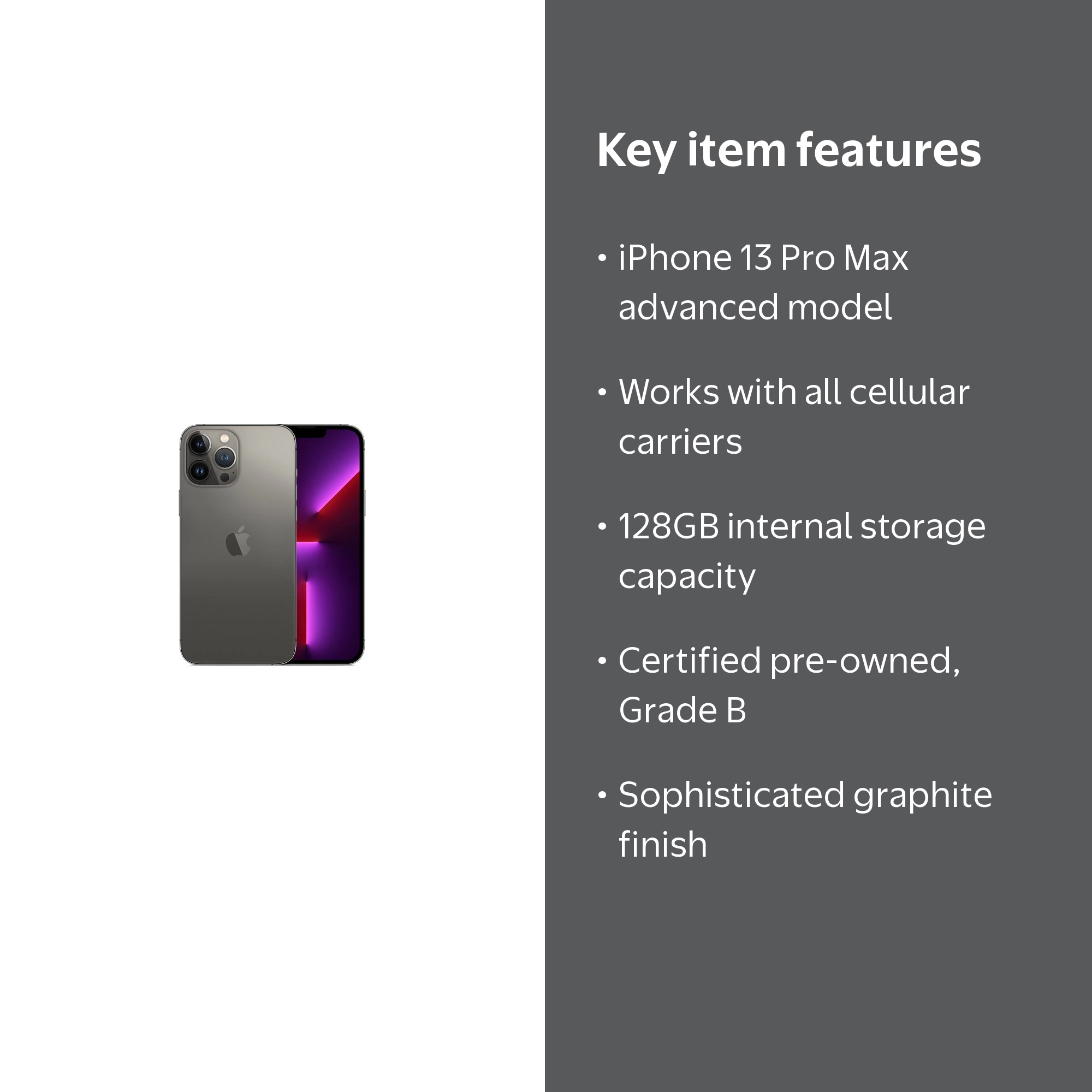 Apple iPhone 13 Pro Max, Unlocked, 128GB Graphite, Refurbished