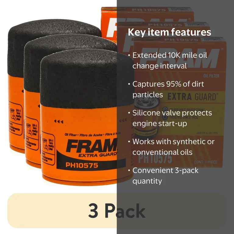 3 pack) FRAM Extra Guard Oil Filter, PH10575, 10K Miles