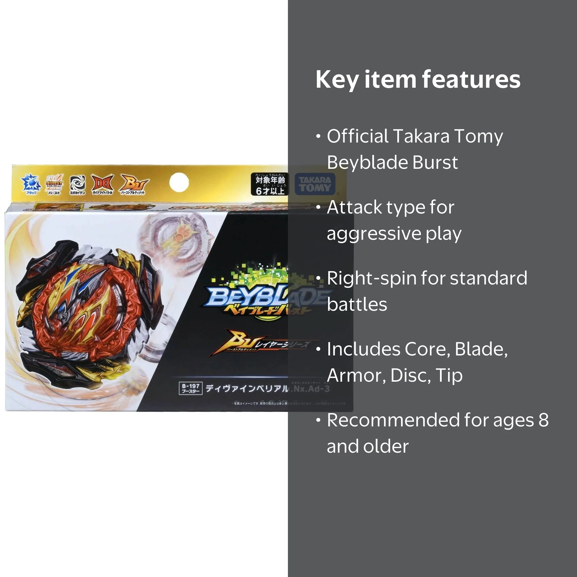 Takara Tomy Beyblade Burst DB Divine Belial Nx.Ad-3 B-197, Attack