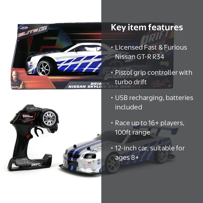 Fast & Furious 1:10 Nissan Skyline GT-R R34 Drift RC Car, Plastic