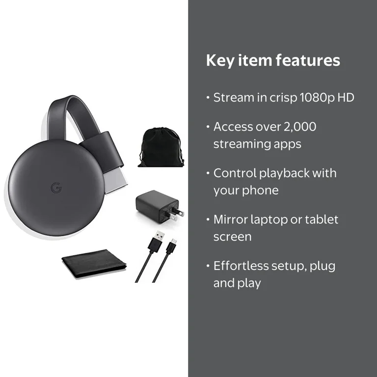 Google Chromecast Streaming Device, HDMI Cable, Stream Shows