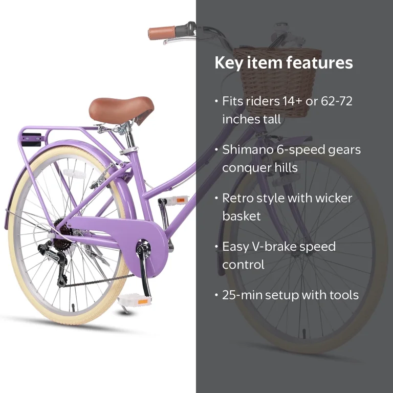 Glerc, Girl Cruiser Bike, 26 Inch, Purple with Wicker Basket and