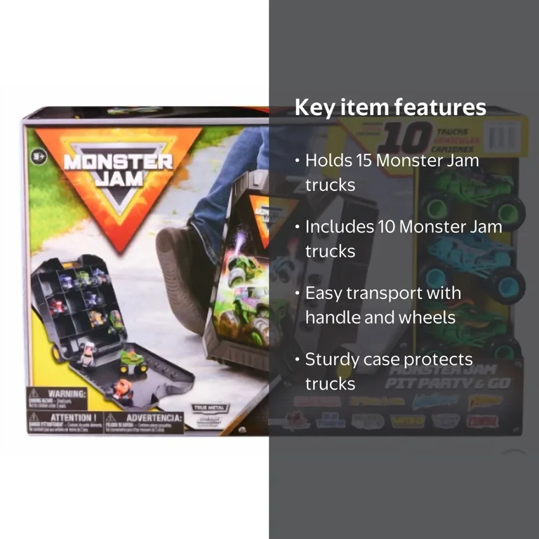 Monster Jam Pit Party Carrying Case, Includes 10 Trucks, Fits 15