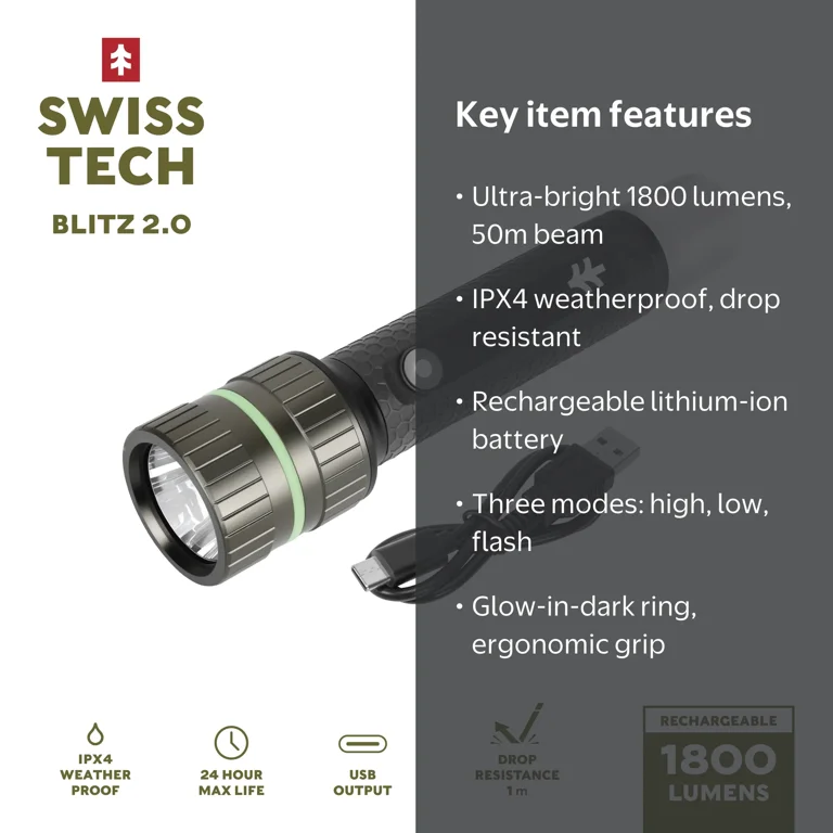 Swiss Tech 1800 Lumen LED Rechargeable Combo Flashlight, IPX4