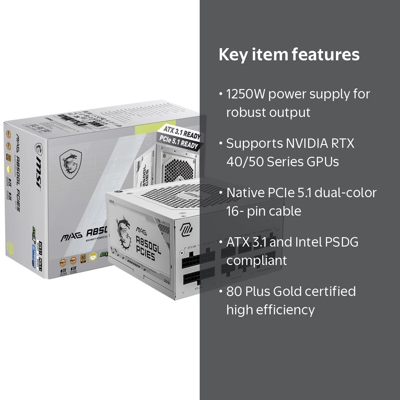 MSI MAG A850GL PCIE 850W ホワイト MSI - MAG A850GL PCIE5 WHITE, Fully Modular Gaming PSU, 80+ Gold