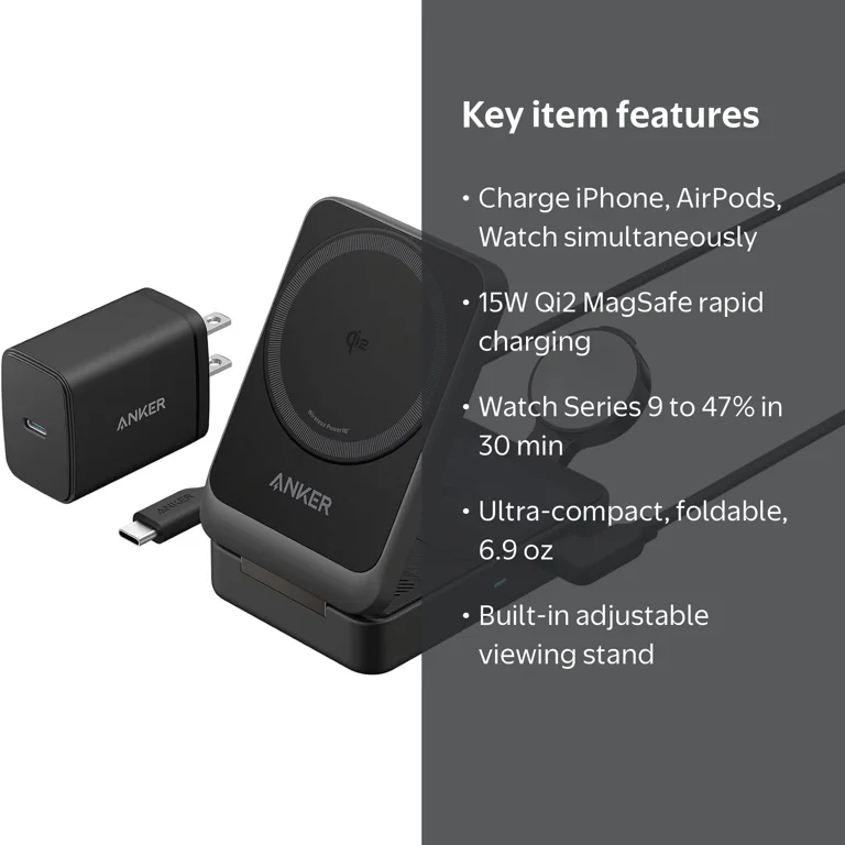 Anker MagGo 3 in 1 MagSafe Wireless Charger Stand, Qi2 15W