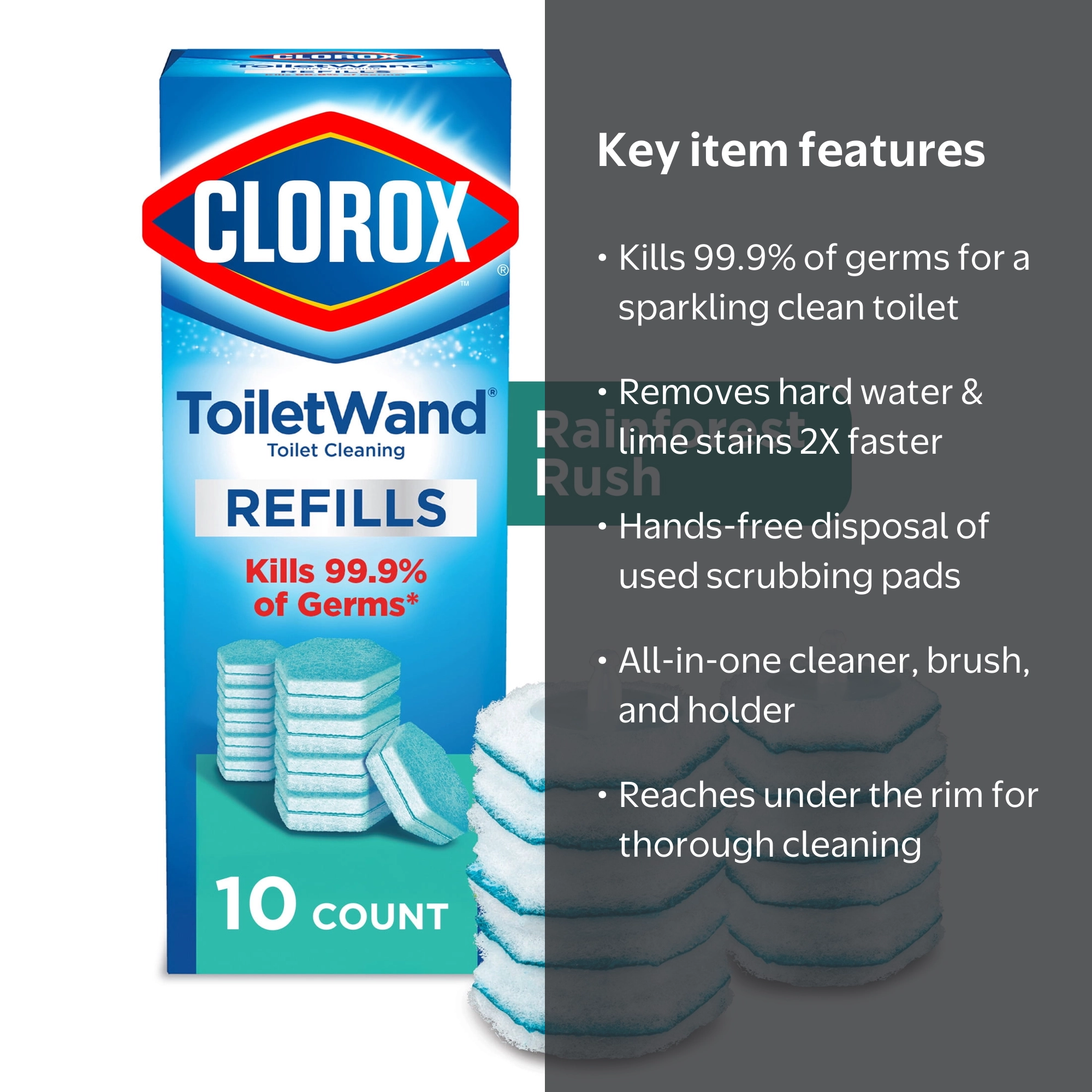 Clorox ToiletWand Disinfecting Brush Refills, 10 ct, Rainforest