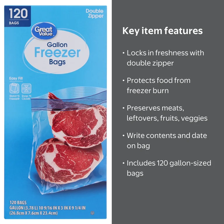Great Value Double Zipper Gallon Freezer Bag, 120 Count - Walmart.com