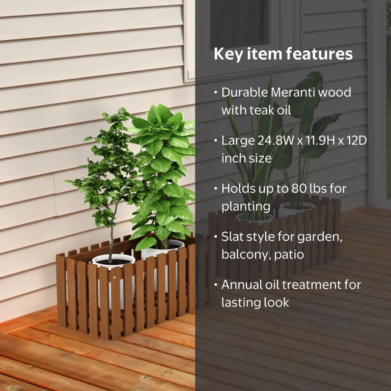 Furinno Tioman Hardwood Slat Style Flower Planter Box in Teak Oil