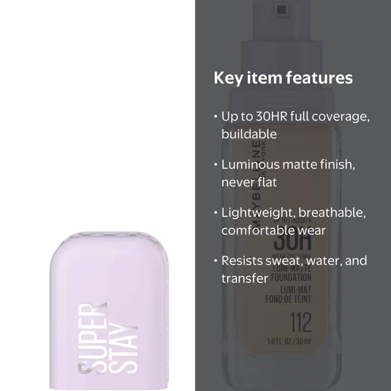 Maybelline Super Stay Lumi-Matte Foundation Makeup, 112, 1 fl oz