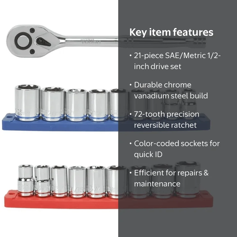 Hyper Tough 21-Piece 1/2 Inch Drive Ratchet and Socket Set with