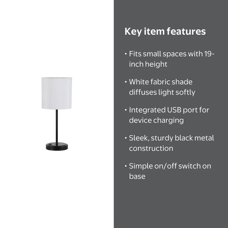 Mainstays 19 Inch Modern Black Stick Table Lamp with White Fabric