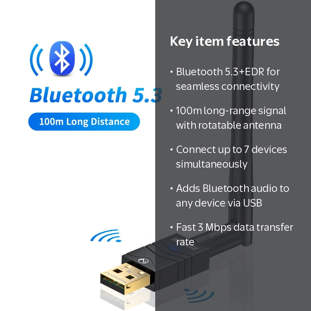 Zexmte Bluetooth 5.3 USB Dongle for PC, 100M Long Range, Supports