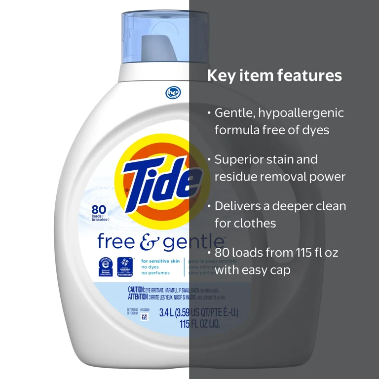 Tide, Free & Gentle Liquid Laundry Detergent, 80 Loads, 115 fl oz