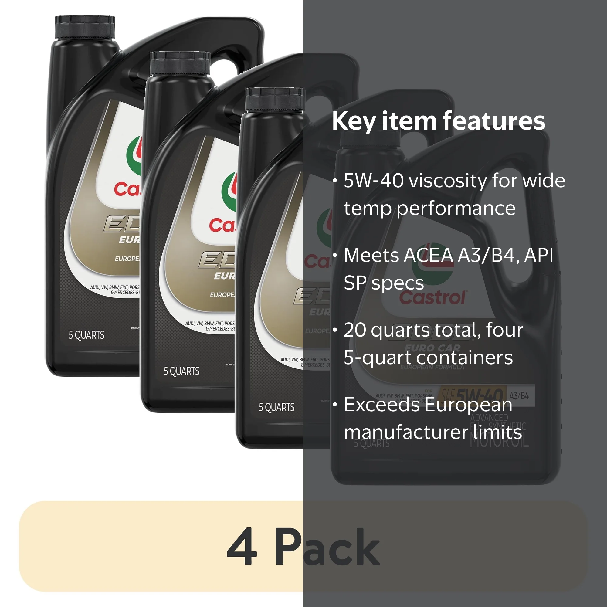 4 pack) Castrol EDGE Euro 5W-40 A3/B4 Advanced Full Synthetic