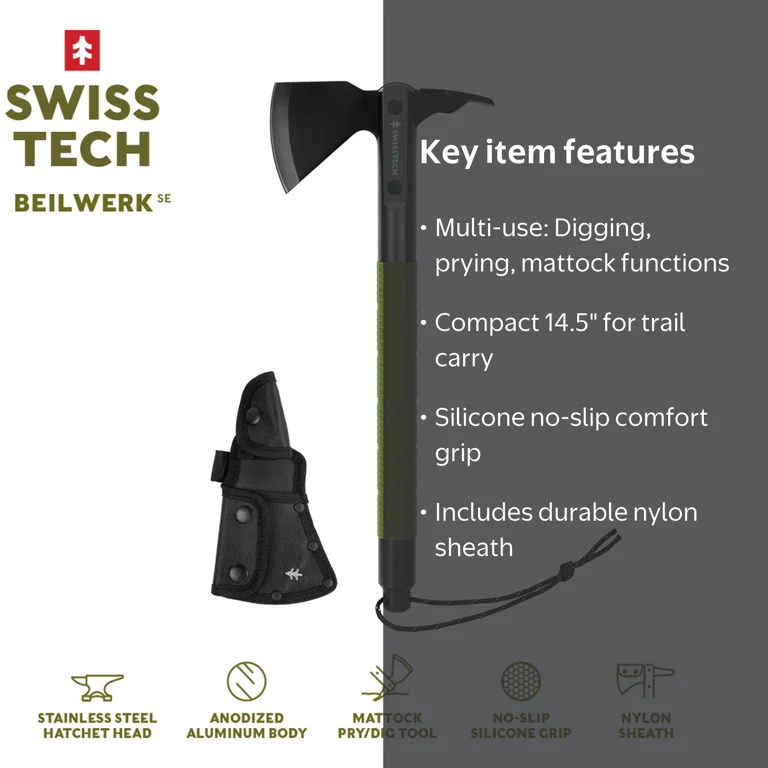 Swiss Tech Beilwerk Camping Hatchet, Pry Tool, Stainless Steel