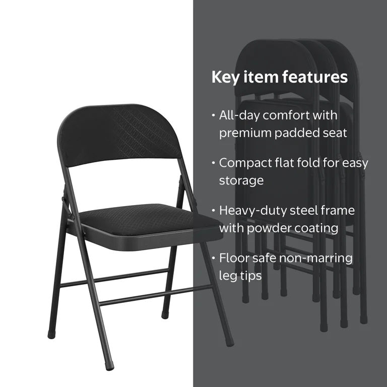 COSCO, Premium Fabric Padded Metal Folding Chair, 4-Pack, Black