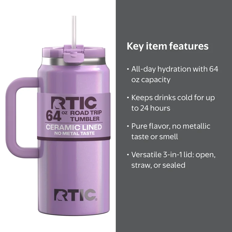 RTIC 64 oz Ceramic Lined Road Trip Tumbler with Handle and Leak