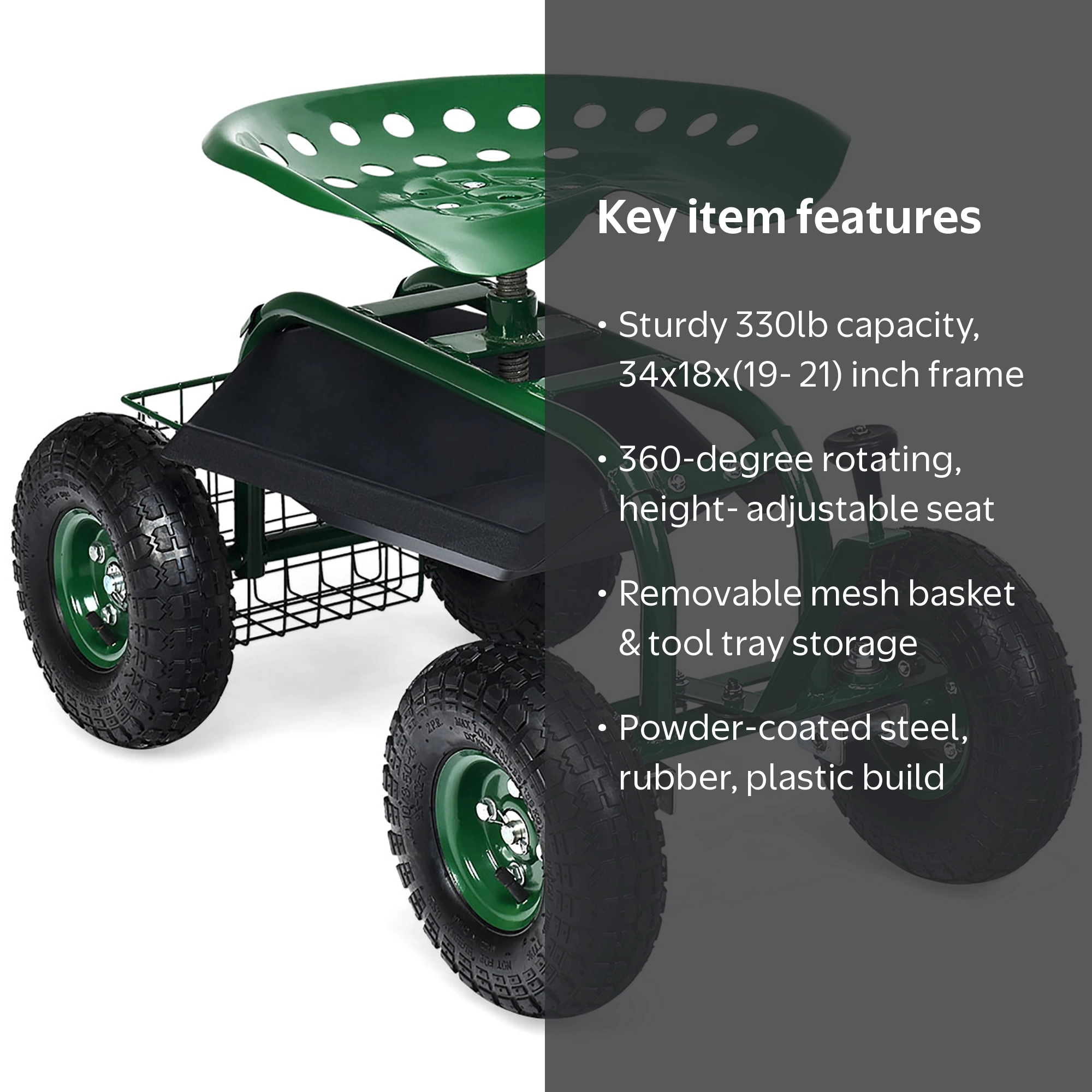 Costway Garden Cart Rolling Work Seat with Tool Tray Basket Green