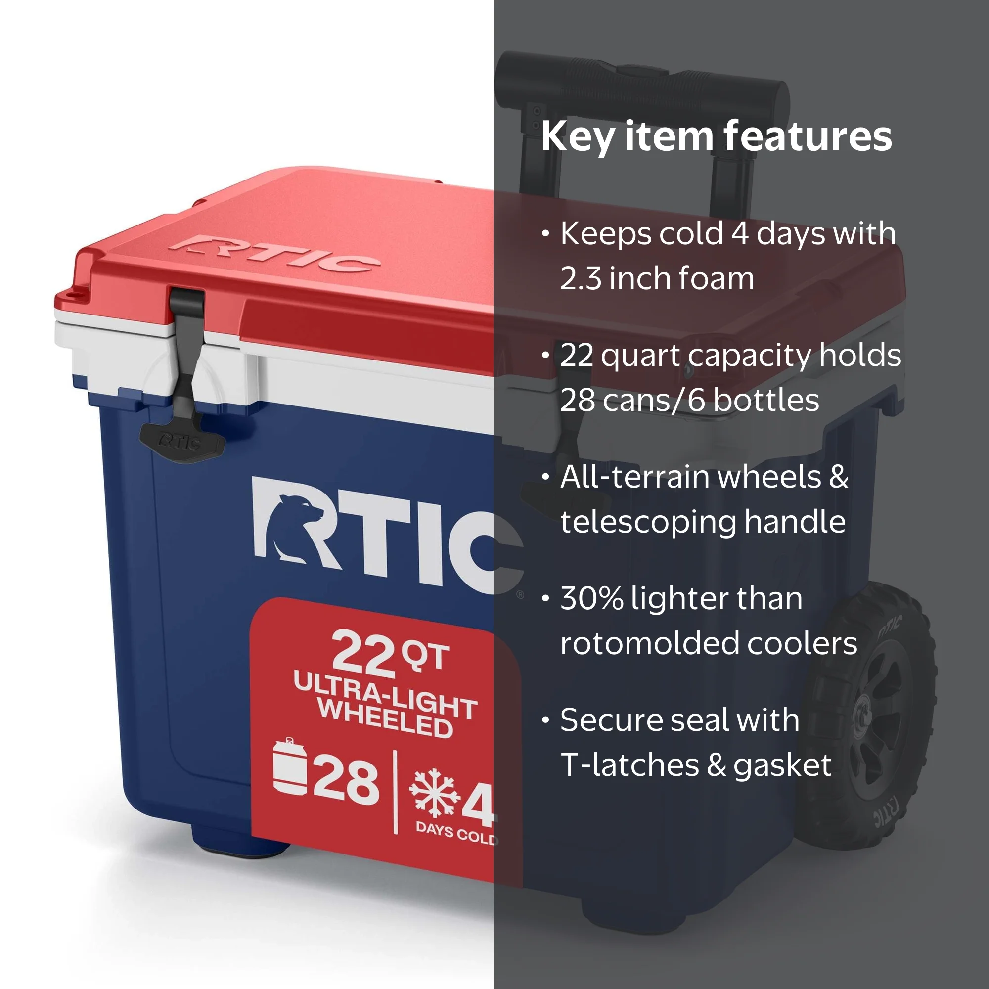 RTIC 22 QT Wheeled Hard-Sided Cooler, Fits 28 Cans or 6 Wine