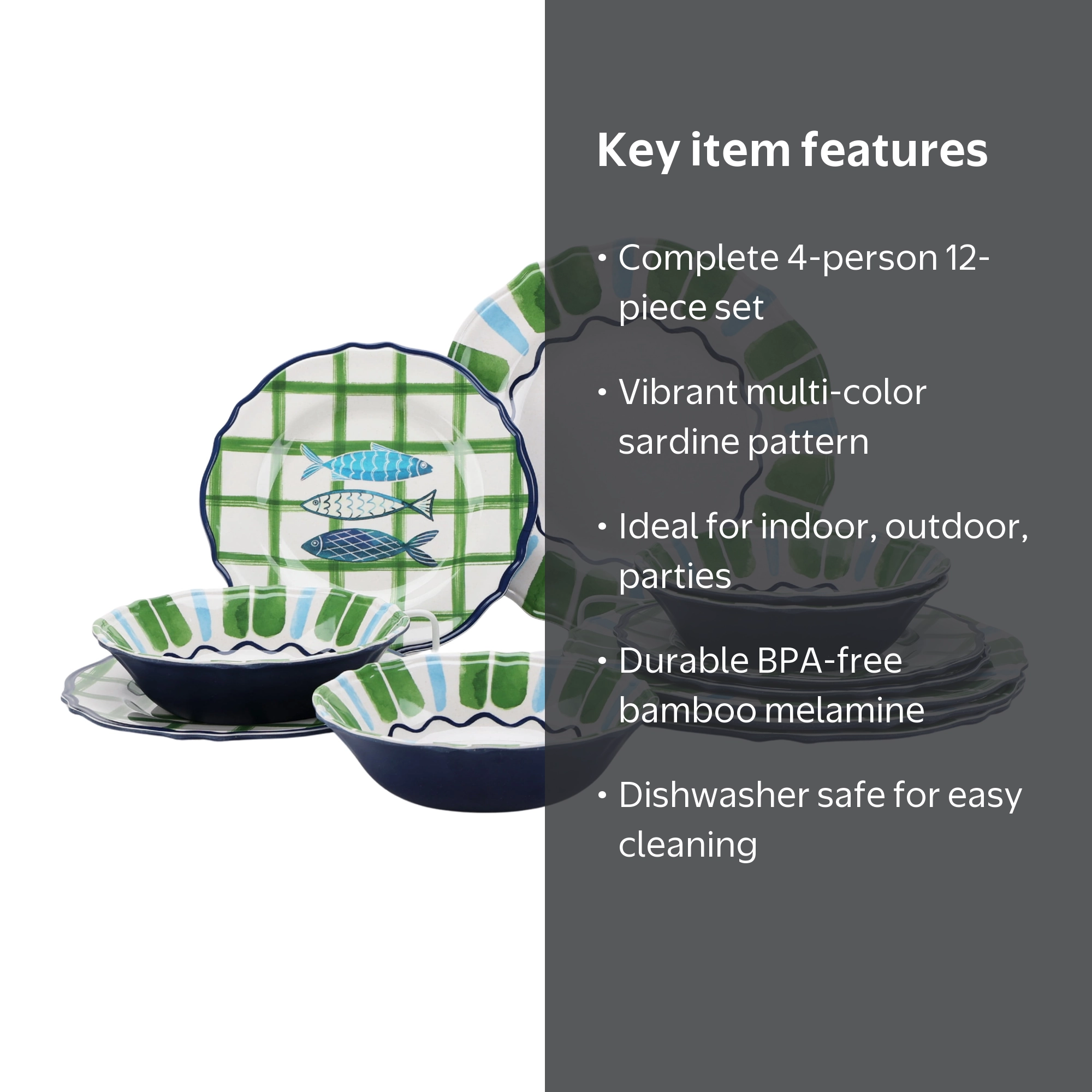 Beautiful 12-Piece Bamboo Melamine Dinnerware Set, Multi-Color by